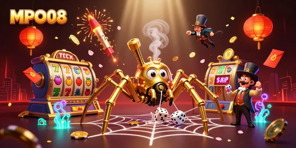 Engage in MPO08 slots game surrounded by vibrant characters and immersive casino elements.