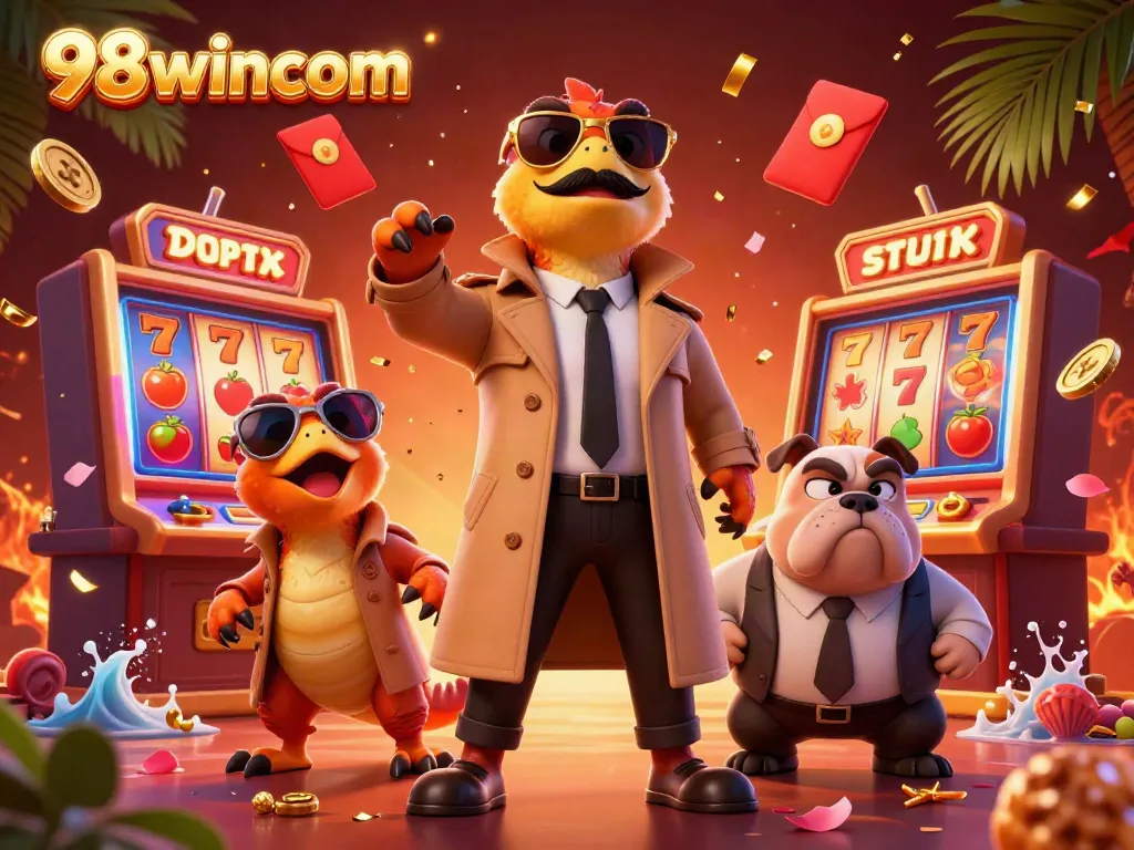 Experience excitement at 98wincom with raptors entering a VIP casino lounge in a colorful 3D scene.