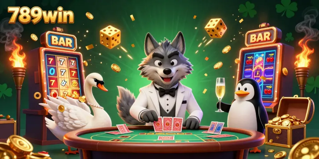 Experience thrilling gameplay with 789win's dynamic casino illustration featuring exciting characters and jackpot elements.
