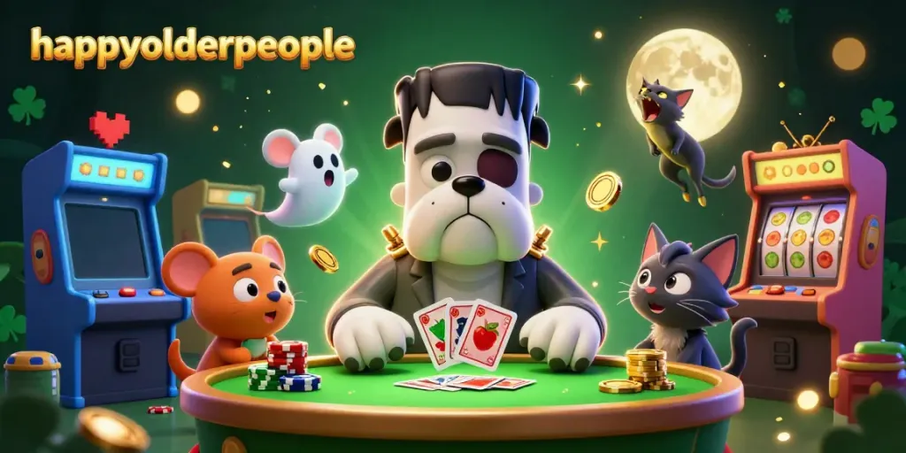 Engage with exciting gameplay at happyolderpeople, featuring 3D characters in a vibrant casino illustration.