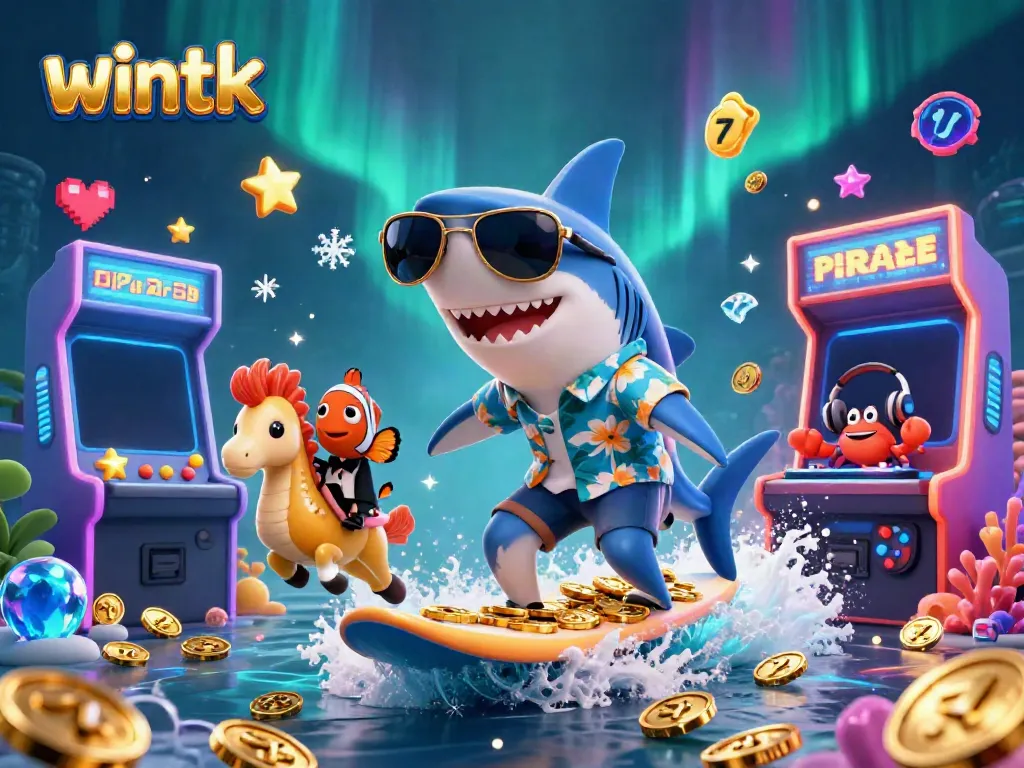 Wintk casino scene featuring a hammer-head shark surfing gold coins amidst colorful gaming elements.