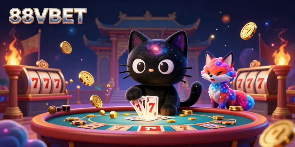 Engaging cosmic casino scene with 88VBET logo, featuring a black hole cat and nebula fox.