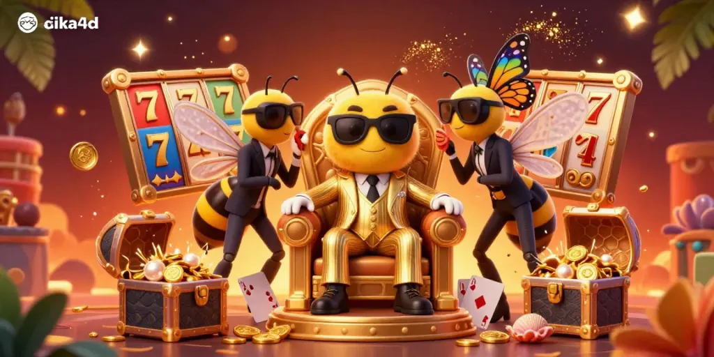 Engage with cika4d's vibrant 3D casino scene featuring a bumblebee mob boss and lively slot elements.