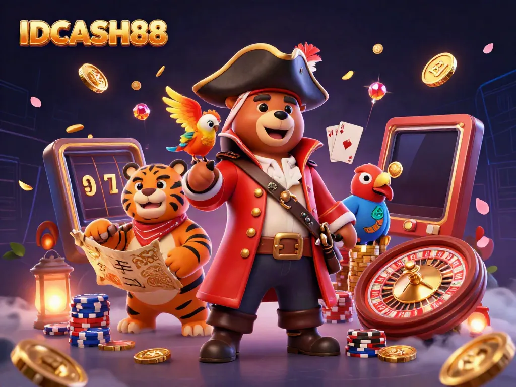 Experience the excitement of IDCASH88 with vibrant casino scenes featuring a pirate bear, tiger, and treasures.