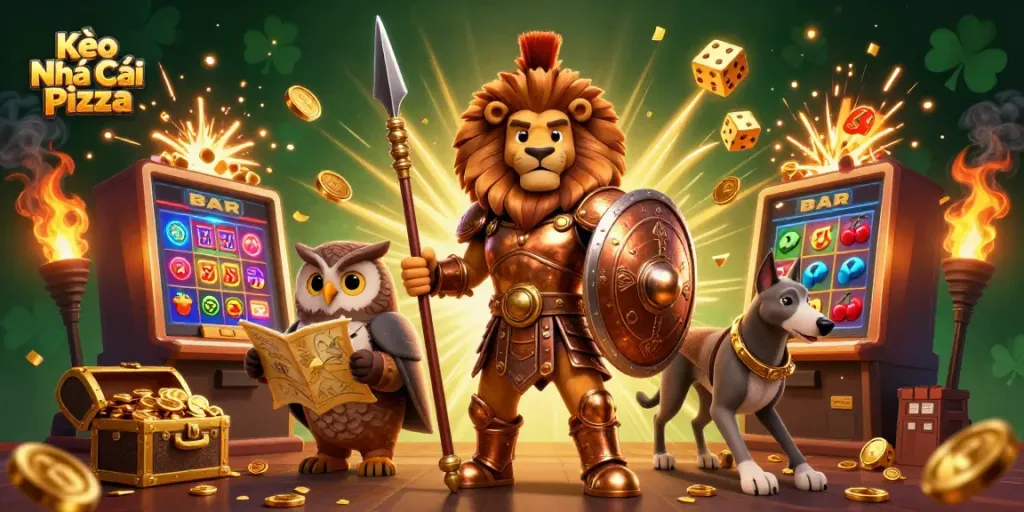 Engage with Kèo Nhà Cái Pizza through a thrilling visual of casino adventures featuring a heroic lion, wise owl, and swift greyhound!