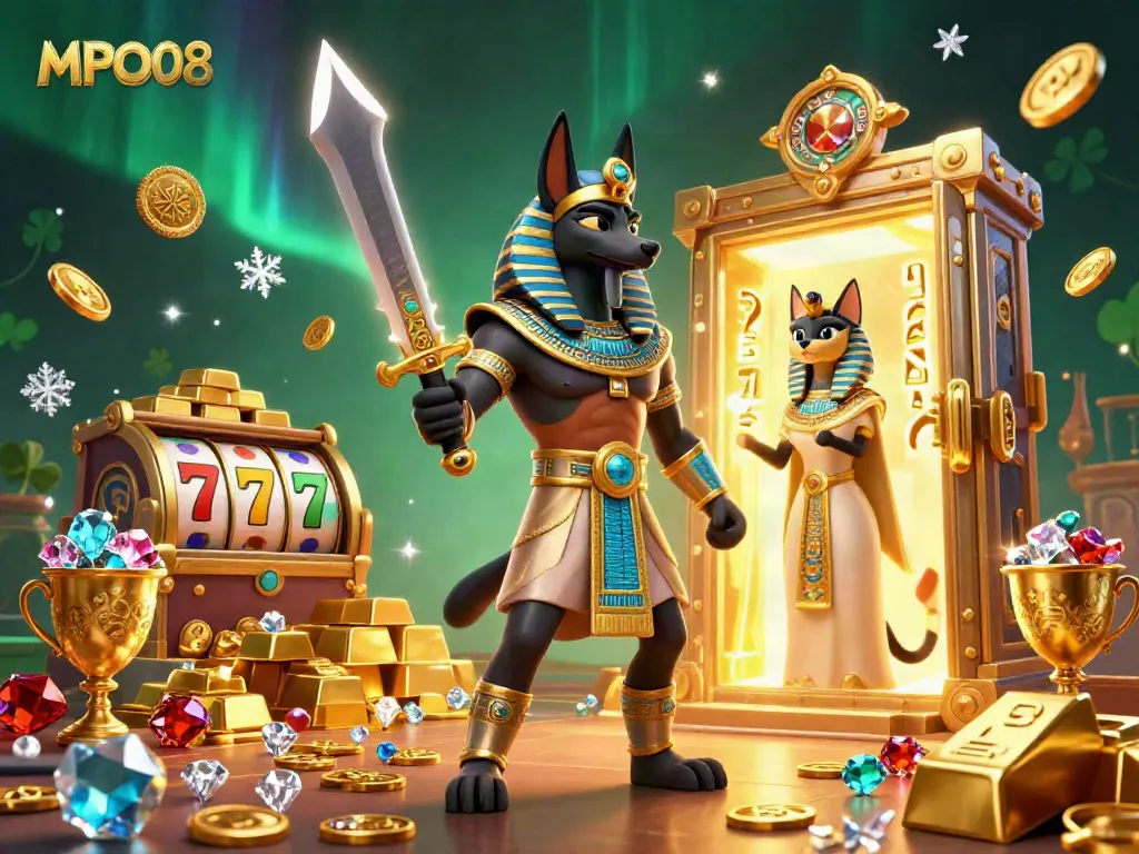MPO08 engages in an exciting slot adventure with Anubis and Bastet surrounded by dynamic golden jewels and treasures.