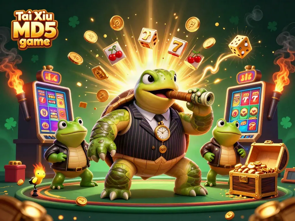 Experience the thrill of Tài Xỉu MD5 game with vibrant characters in a dynamic casino scene.