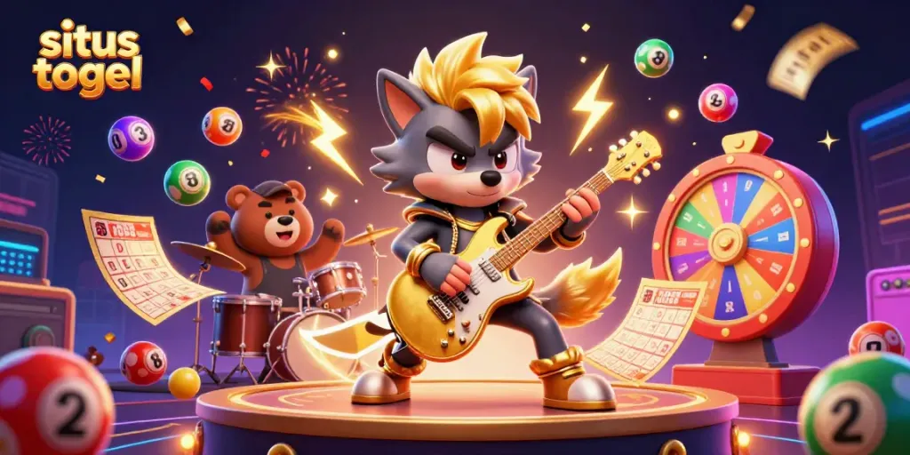 Experience the thrill of situs togel with a rockstar wolf and drummer bear amid a dynamic casino scene.
