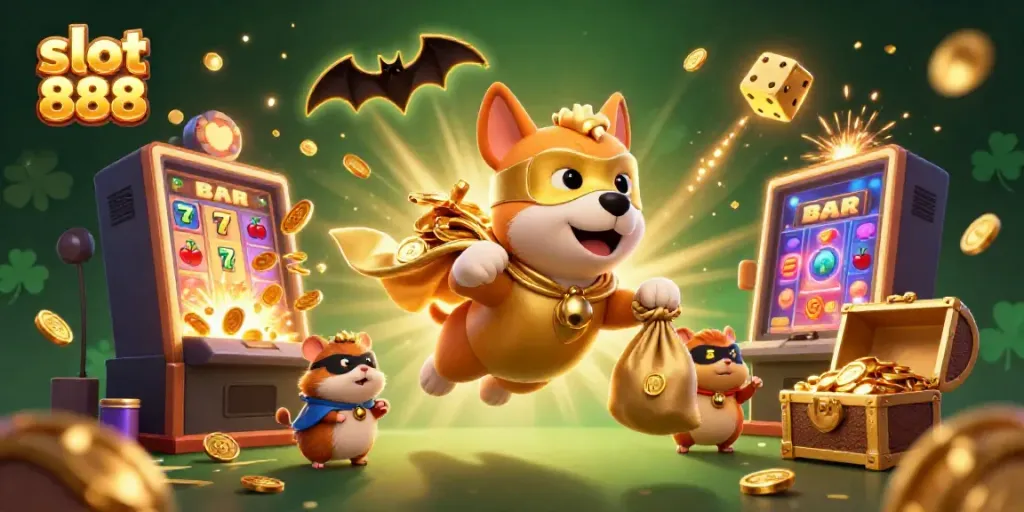 Experience slot 888 with a vibrant superhero scene of dog and hamster celebrating a jackpot
