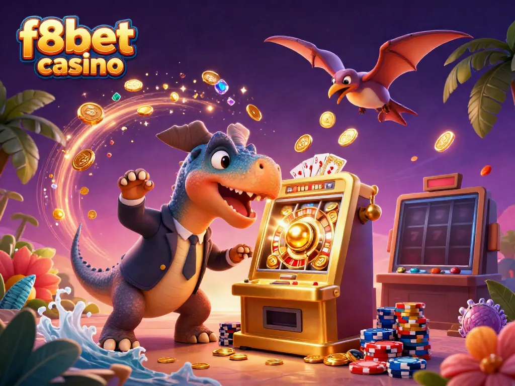 Experience the thrill of f8bet casino with a colorful cartoon dinosaur scene featuring jackpots and casino action.