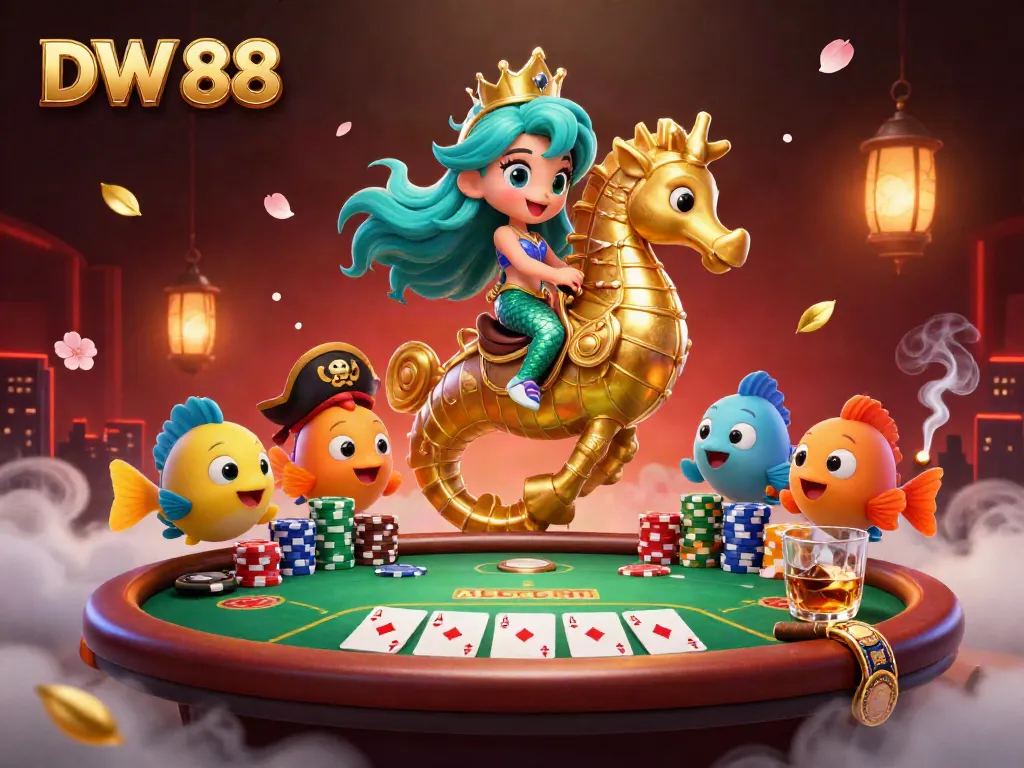 Experience the thrill of poker with DW 88's enchanting mermaid scene featuring vibrant characters and casino elements.