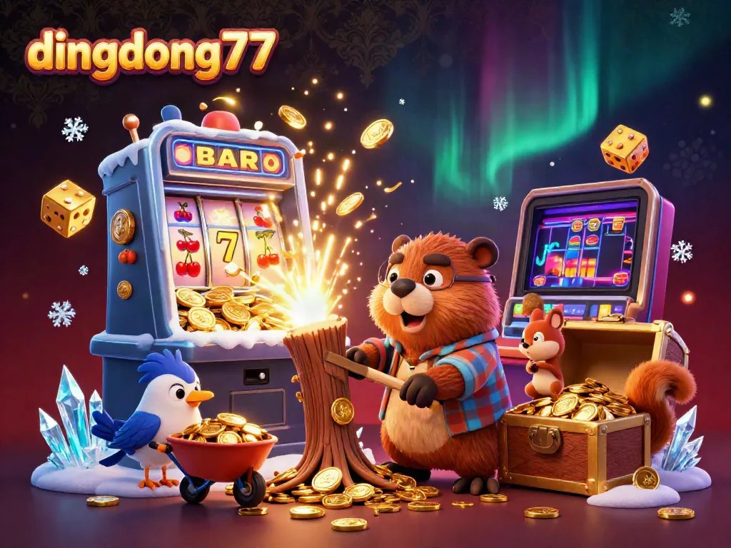 Dingdong77 features an exciting scene with a 3D beaver, bird, and squirrel animatedly collecting golden coins.