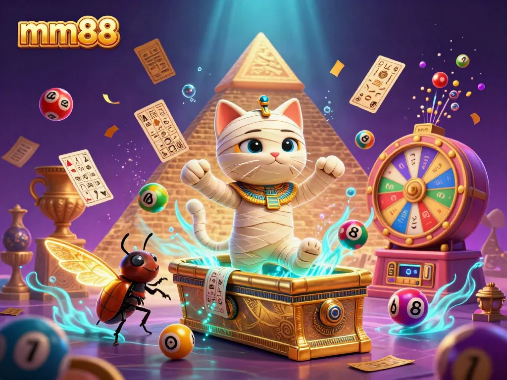 Experience thrilling games with mm88, featuring an animated mummy cat in a vibrant casino setting.