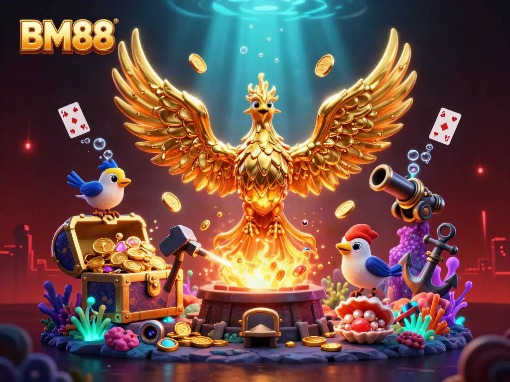 Win big with BM88: dynamic scene featuring a golden phoenix and exciting casino elements