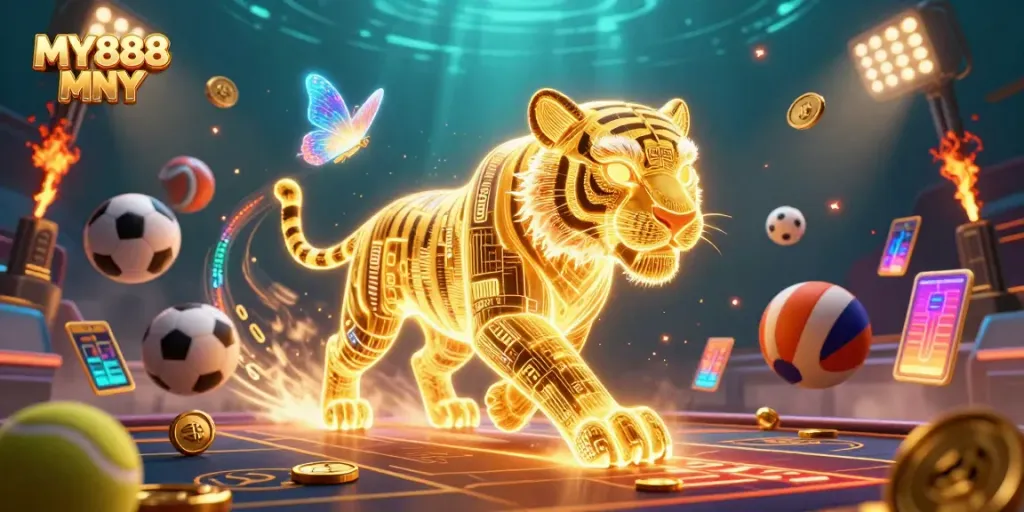 Get ready to win with MY888 MY in a vibrant digital casino scene, featuring a golden tiger and exciting sports elements.