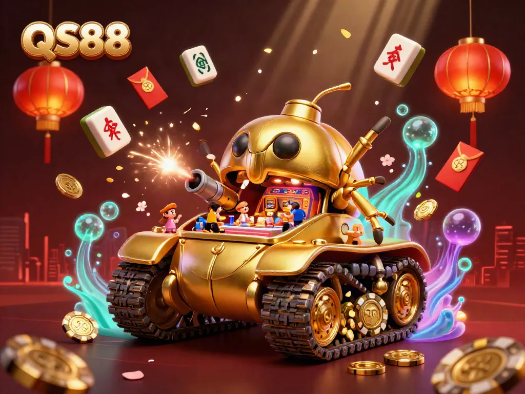 Experience the thrilling QS88 gaming atmosphere with a vibrant golden beetle tank revealing a mini casino.