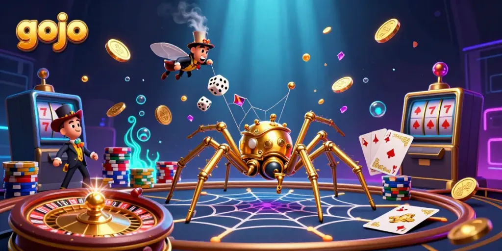 Experience luck with Gojo amid a vibrant casino world filled with winning symbols and rich detail.