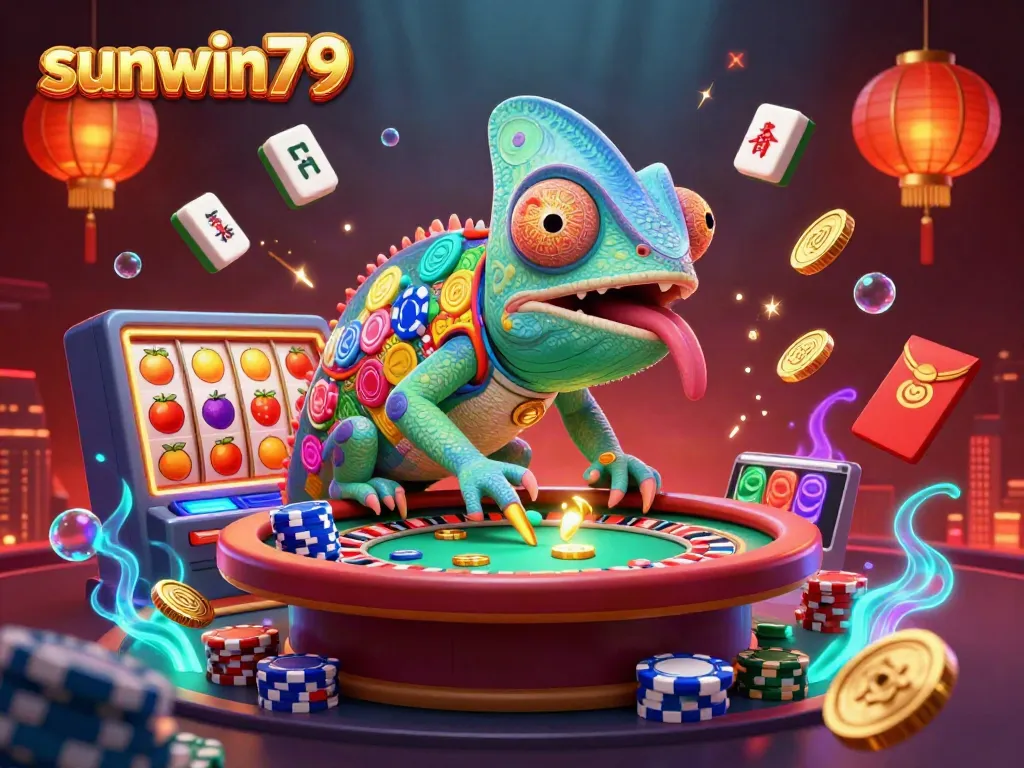 Experience thrilling action at sunwin79, featuring a vibrant chameleon casino owner amidst dazzling gaming elements.