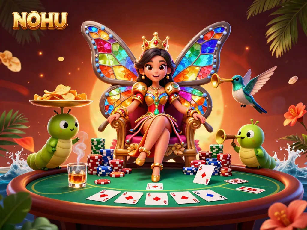 Experience NOHU's vibrant gaming world with a butterfly queen and poker elements in a rich 3D scene.