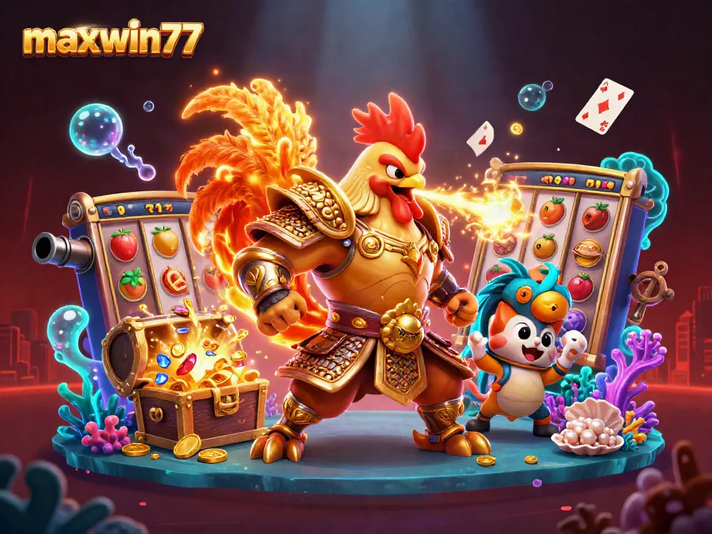 Maxwin77 showcases a dynamic casino-themed illustration with lively characters and casino elements.