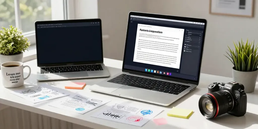 Generate explainer articles with AI in a modern digital workspace, showcasing a content creator's focused environment.