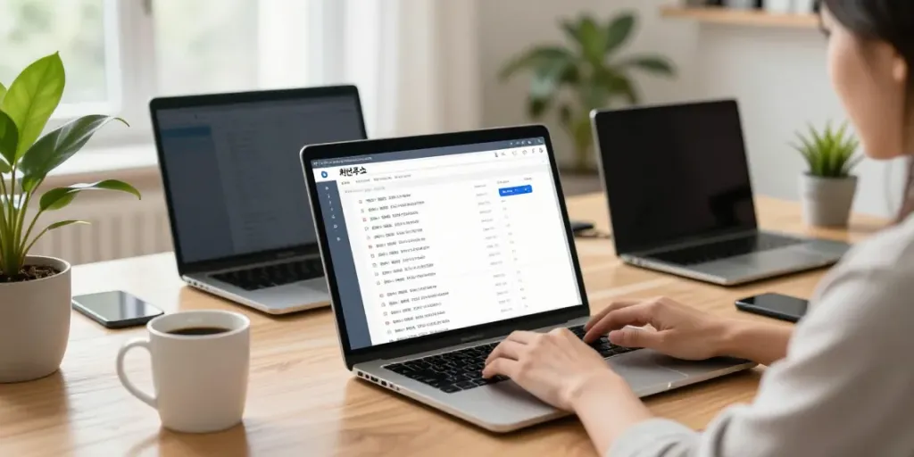 User browsing the 최신주소 directory on a laptop in a vibrant living room, showcasing colorful links and a modern workspace.