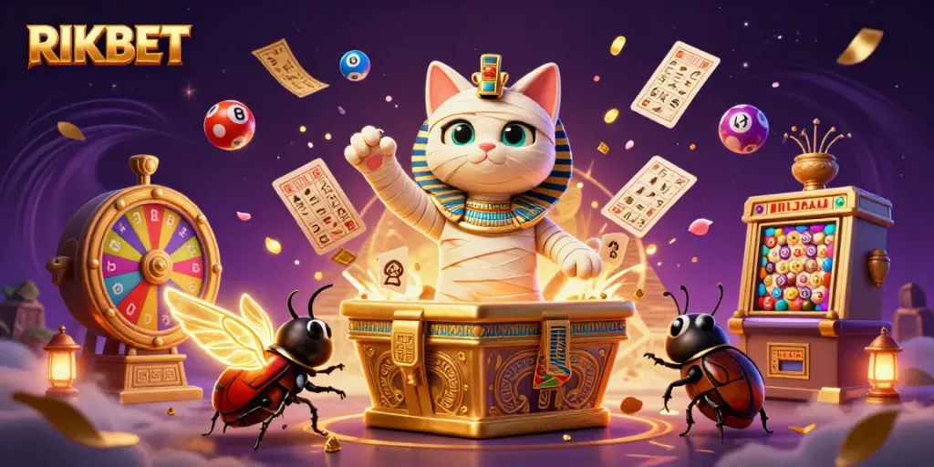 Experience thrilling gaming at RIKBET with a mummy cat and colorful casino elements.