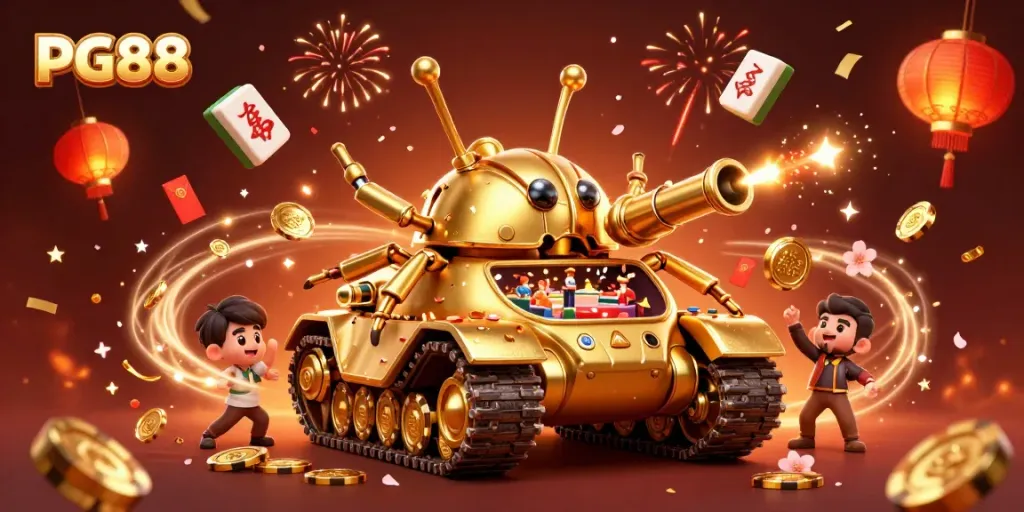 Experience PG88's vibrant casino atmosphere with a golden beetle tank and charming casino patrons.