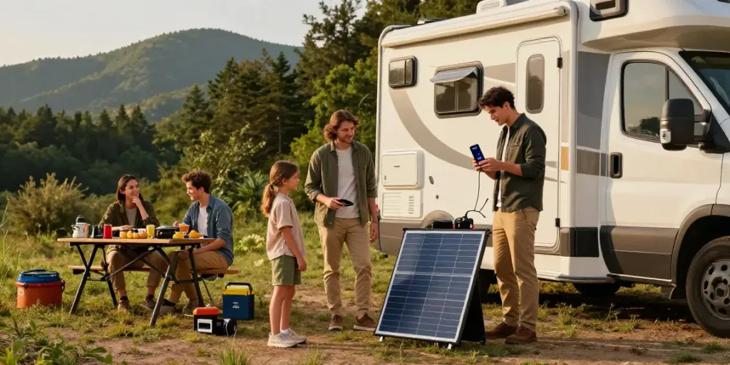 Family camping with a 12v lithium battery powering their RV in a scenic forest