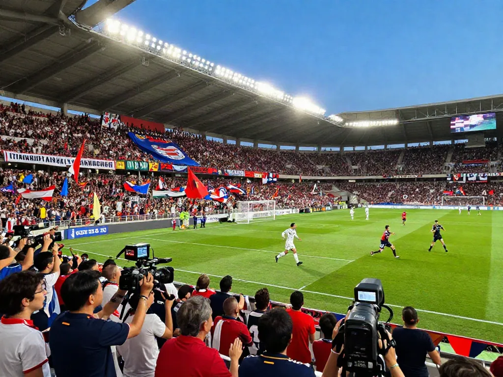 TOP10FOOTBALL vibrant stadium scene with players and cheering fans.