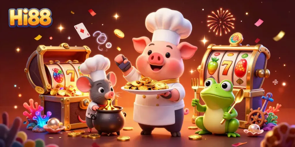 Experience thrilling gameplay at Hi88 with vibrant, 3D characters amidst a rich casino backdrop.