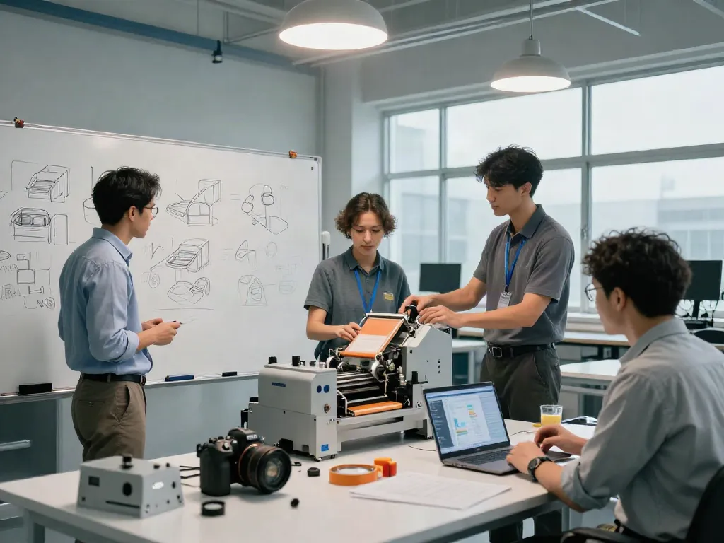 Engineers collaborating as a packaging machinery supplier designs innovative bagging machines in a modern workshop.