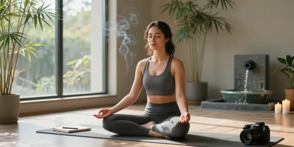 Empowered woman meditating in a serene wellness studio, connecting with sexual energy.