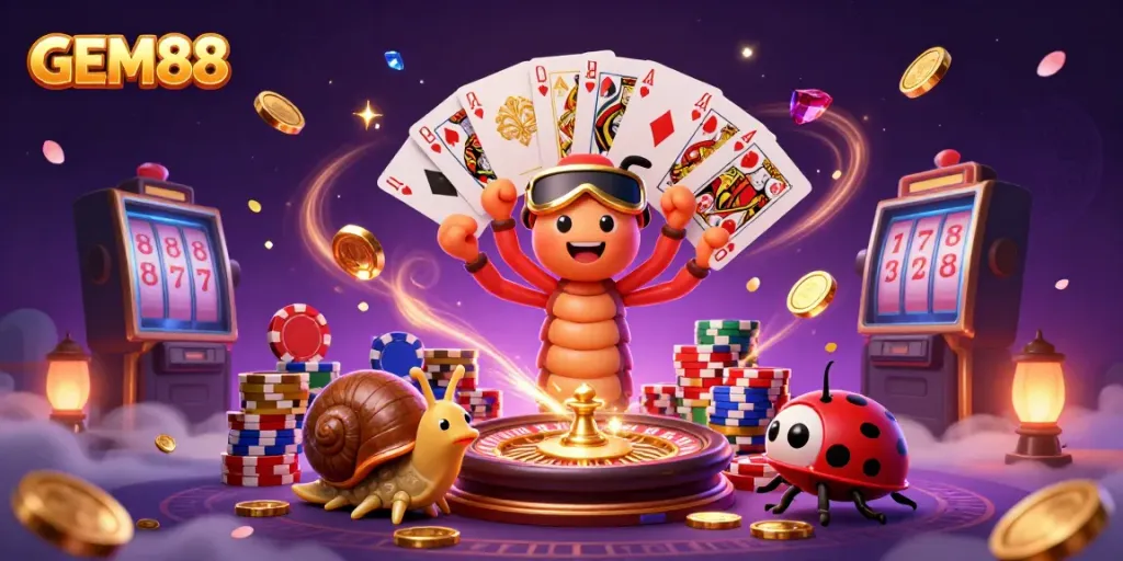 Experience exciting gameplay at GEM88 with thrilling characters and alluring casino elements swirling around.