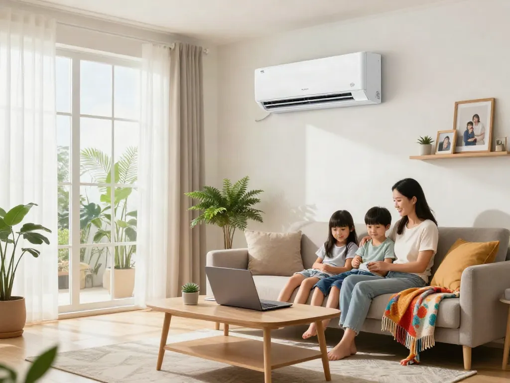 Modern living room featuring a mini split air conditioning unit in a cozy family environment.