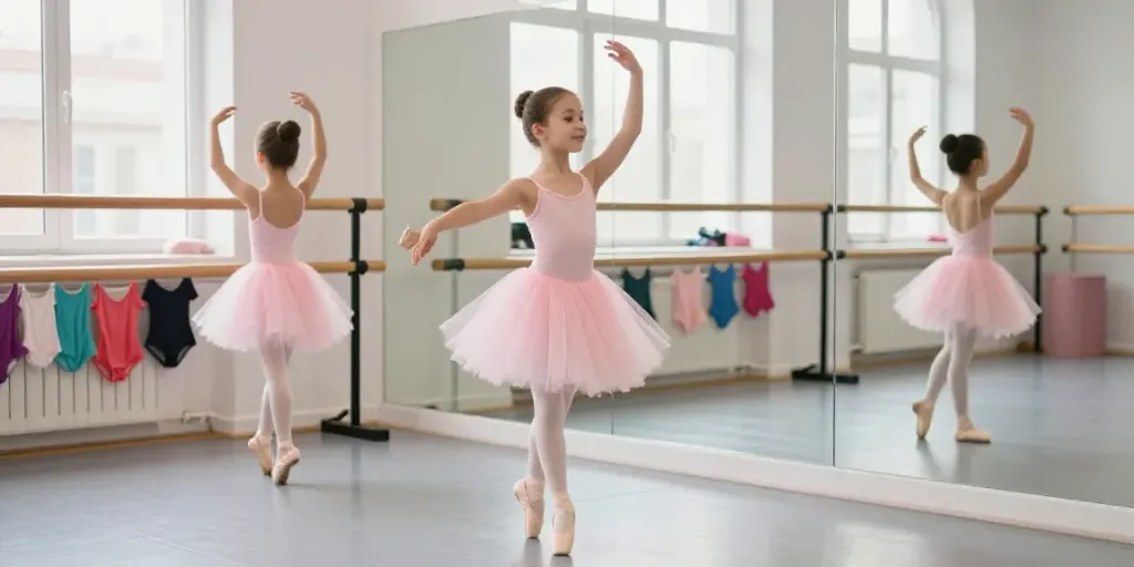 A young dancer in tutu practicing in a bright ballet studio at a tutu store.