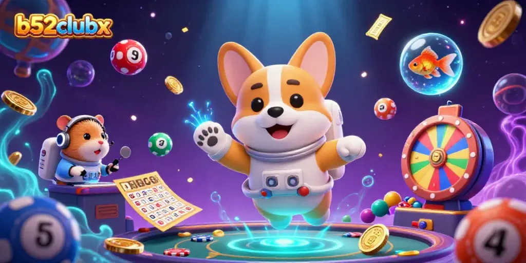 Engage with b52clubx in a vibrant 3D casino fantasy featuring an astronaut corgi and colorful lottery elements.