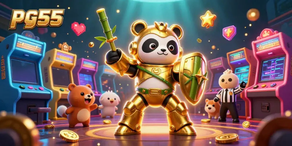 Engage in thrilling pg55 casino action with a golden panda mech suit battling in a vibrant arena.