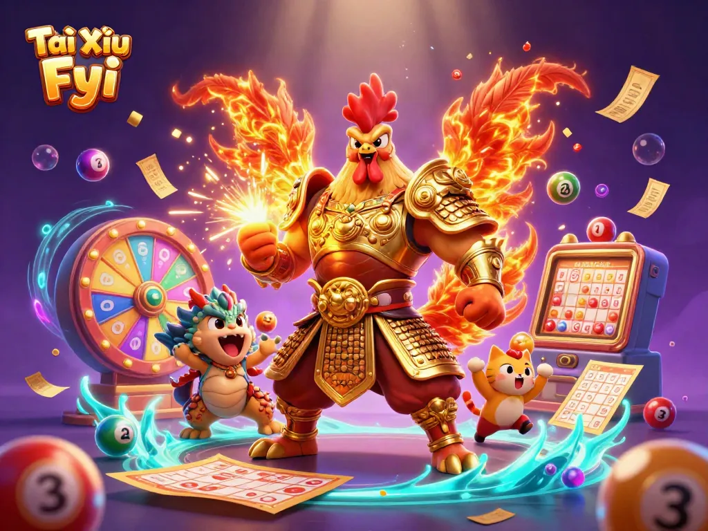 Tài Xỉu Fyi highlights an energetic scene with a fighting rooster warrior and dragon hatchling amidst dynamic gambling elements.