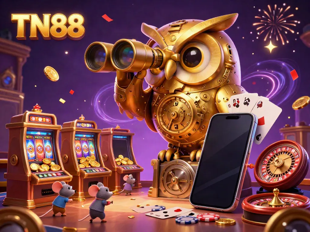 Engage with TN88 through a vibrant 3D illustration showcasing a golden owl scanning a bustling casino filled with games and lively action.