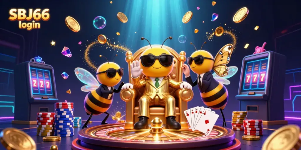 Experience the thrilling SBJ66 login with a vibrant 3D casino scene full of action and excitement.