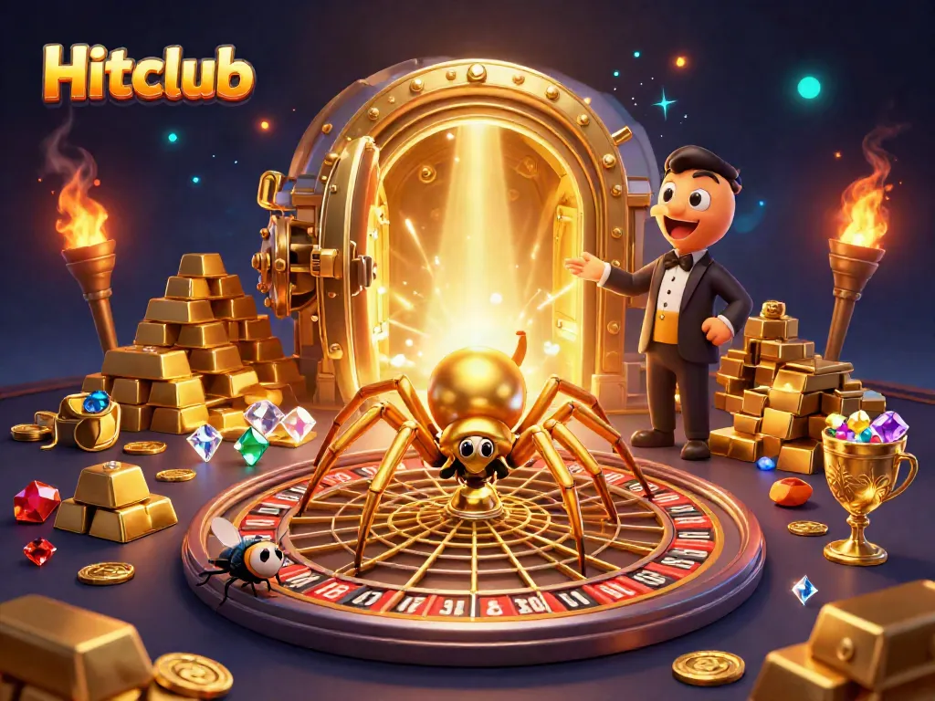 Hitclub players spin their fortunes at a captivating digital casino, surrounded by a vibrant roulette wheel.