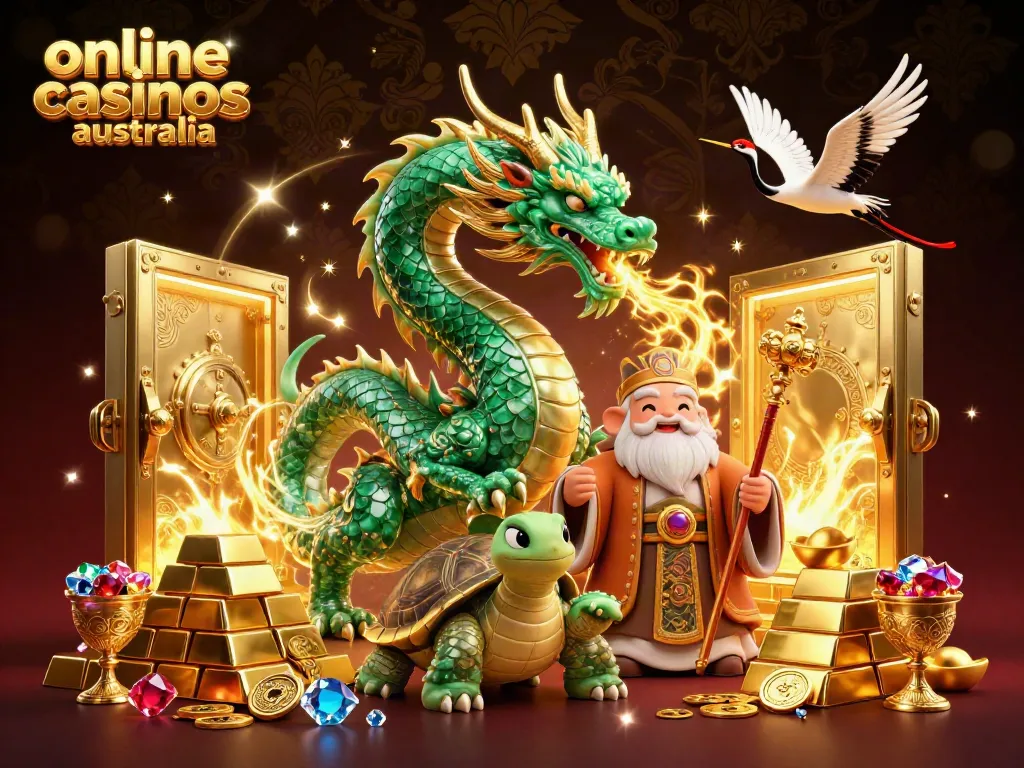Experience the thrill of online casinos Australia with a mystical dragon and sage in a treasure-filled scene.