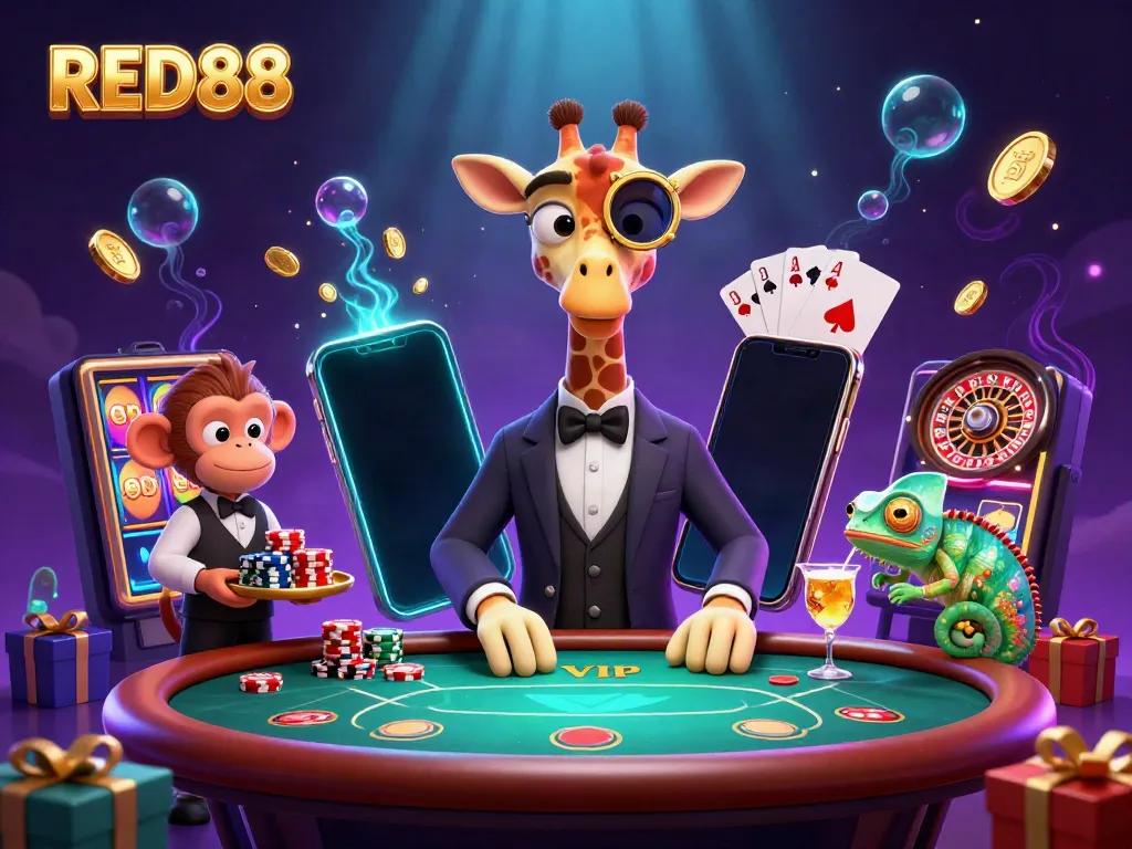 Winning at RED88: A high-roller giraffe enjoying a vibrant casino atmosphere with dynamic elements.