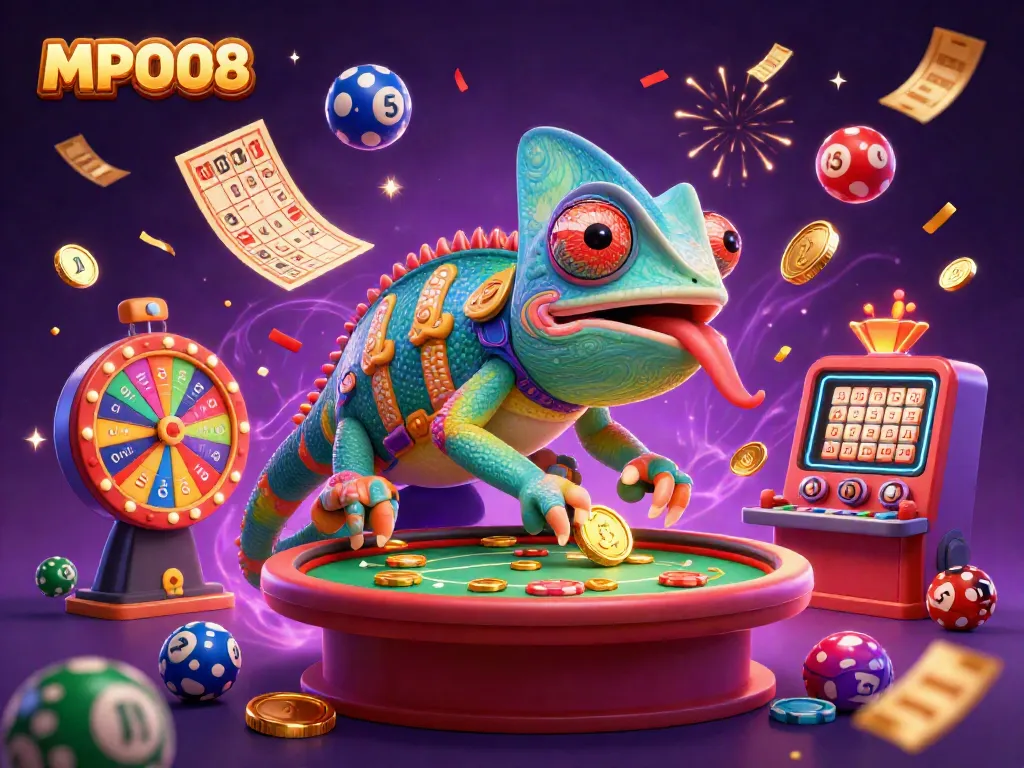 Experience MPO08's vibrant online casino scene with a colorful chameleon owner and dynamic gaming elements.