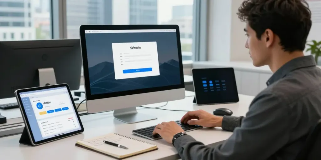 User engaging with the skintoto login interface on a sleek desktop computer in a modern office.