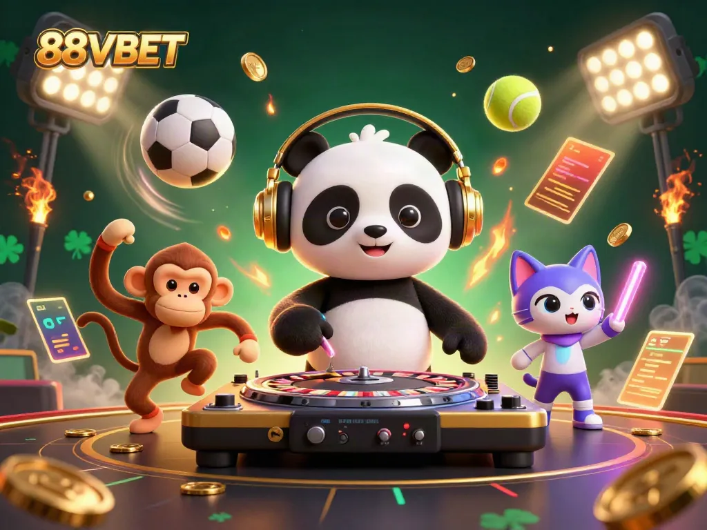 Engage with 88VBET and its vibrant gambling scene featuring a DJ panda and lively characters.