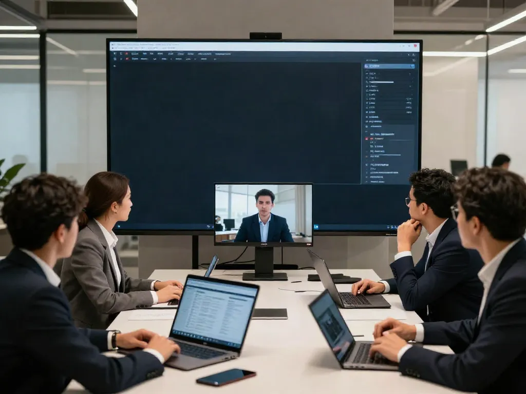 Deepfake free meetings showcasing a professional video conference with real-time detection analytics.
