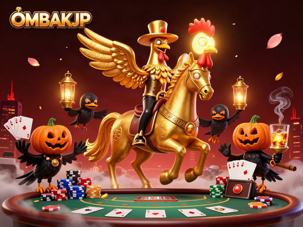 Experience OMBAKJP excitement with a golden rooster and spectral horse at a lavish casino.