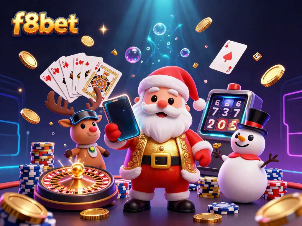 Experience the vibrant gaming scene at f8bet with an animated casino adventure featuring Santa and friends.